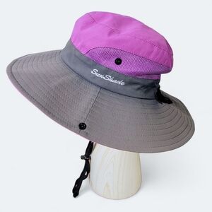 Sun Shade Purple Gray Wide Brim Sun Hat Women's OS Ponytail Hole Outdoor Snap Up
